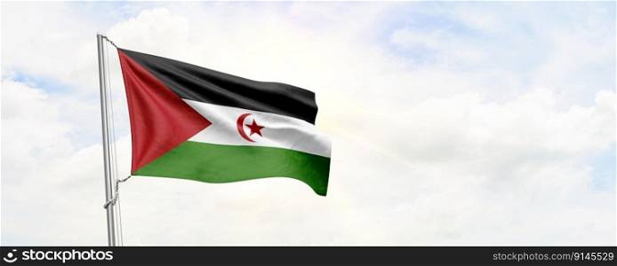 Western Sahara flag waving on sky background. 3D Rendering