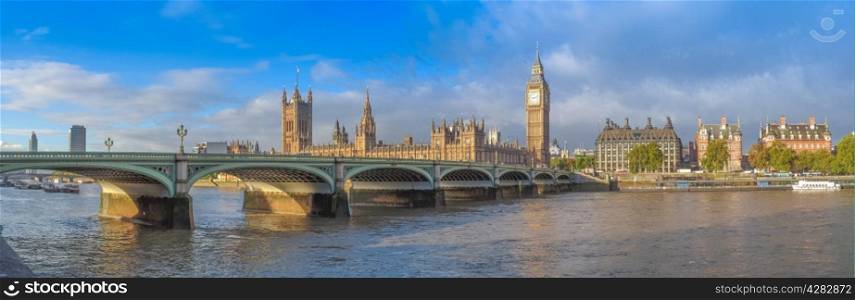 Westminster Bridge. Westminster Bridge panorama with the Houses of Parliament and Big Ben in London UK