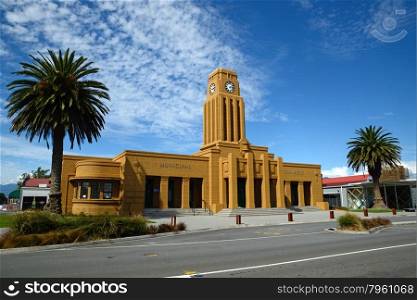 Westport&rsquo;s iconic clock tower and council chambers building overlooks the town centre, West Coast, New Zealand