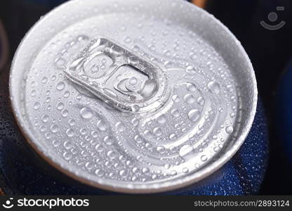 wet aluminium can with drink, close-up of top