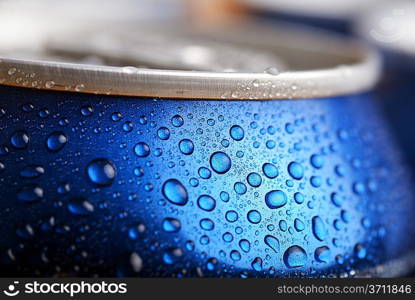 wet aluminium can with drink, close-up of top