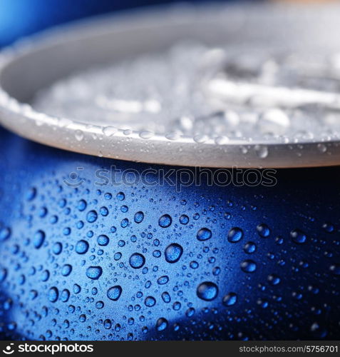 wet aluminium can with drink, close-up of top