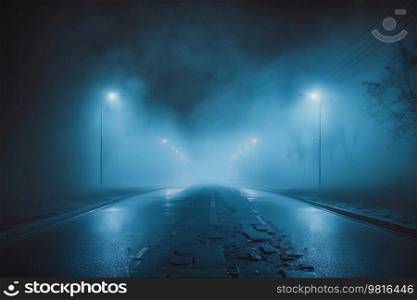 Wet asphalt of the night city, Blue fog, light. Illustrations AI Generative