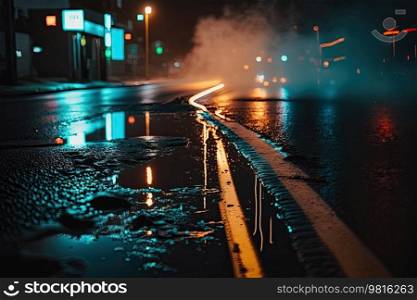Wet asphalt of the night city, fog, light. Illustrations AI Generative