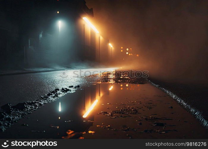 Wet asphalt of the night city, fog, light. Illustrations AI Generative