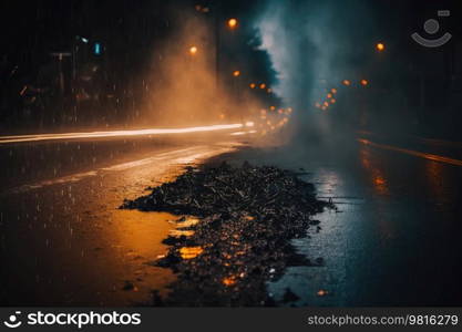 Wet asphalt of the night city, fog, light. Illustrations AI Generative