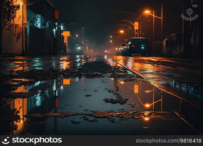 Wet asphalt of the night city, fog, light. Illustrations AI Generative