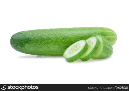 Wet cucumber isolated on white background.