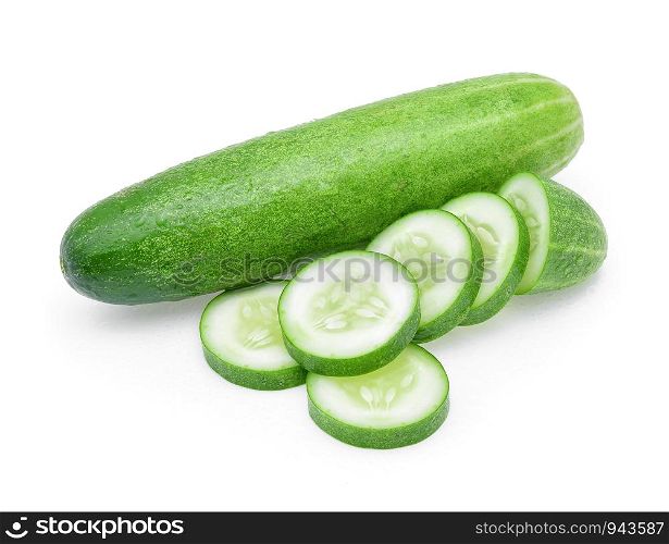 Wet cucumber isolated on white background.