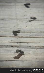 wet footprints on wooden dais