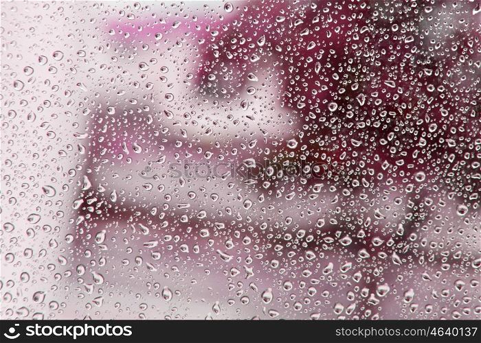 Wet glass with drops of rain fall on the street