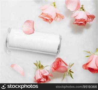 Wet metal aluminum beverage drink can with rose petals