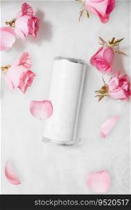 Wet metal aluminum beverage drink can with rose petals
