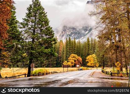Wet road in Yosemite National Park Valley at cloudy autumn morning. Low clouds lay in the valley. California, USA.