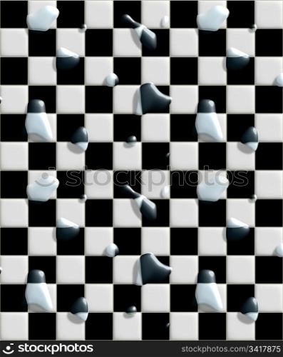 wet tiles. black and white floor tiles with water laying on them