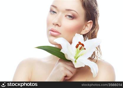 wet woman with big white flower on white background
