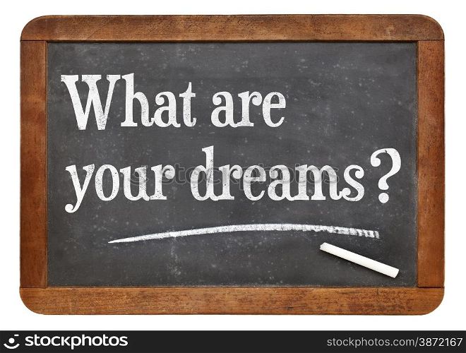 What are your dreams ? Inspirational question on a vintage slate blackboard