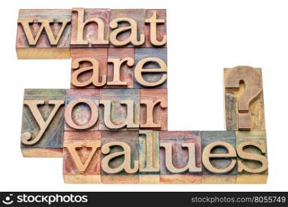 What are your values question - isolated word abstract in letterpress wood type printing blocks stained by color inks