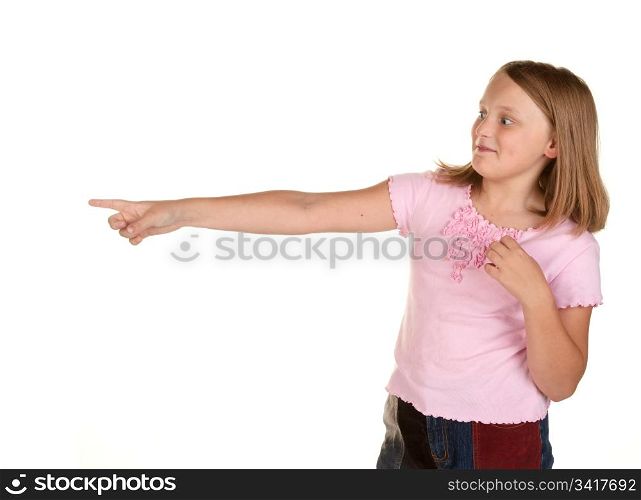 what is that a young girl pointing isolated on white