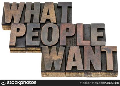 what people want - isolated words in vintage letterpress wood type with ink patina