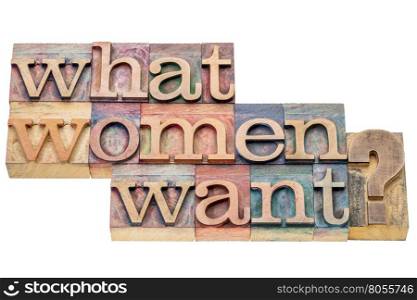 What women want? An isolated word abstract in letterpress wood type printing blocks stained by color inks