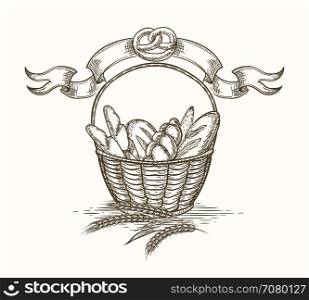 Wheat bakery basket sketch. Wheat bakery basket vector sketch. Freshly baked bread box hand drawn illustration isolated on white background