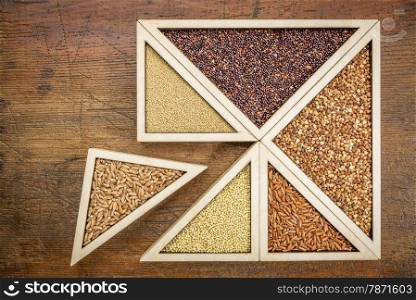 wheat berries against gluten free alternative grains (quinoa, millet, amaranth, buckwheat and rice) - wooden tray inspired by tangram puzzle