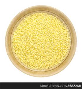 wheat couscous in a small ceramic bowl isolated on white, top view