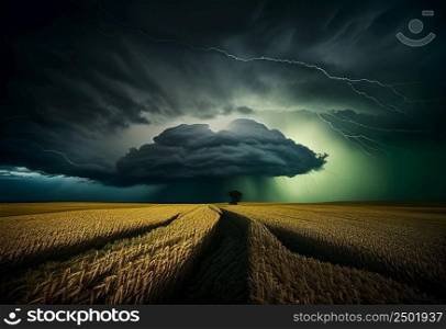 Wheat field and storm illustration. AI generated.