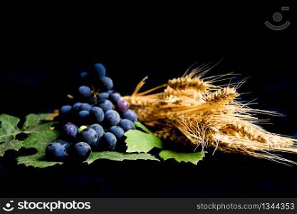 wheat grapes bread and crown of thorns on black background as a symbol of Christianity