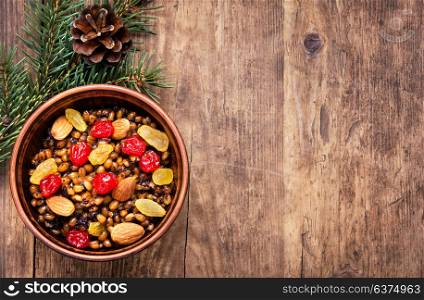 Wheat porridge with nuts and raisins. Kutia-memorial, ritual, Christmas dish of the Slavs