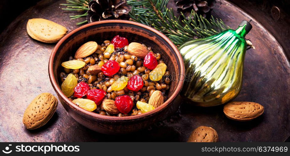 Wheat porridge with nuts and raisins. Kutia-memorial, ritual, Christmas dish of the Slavs