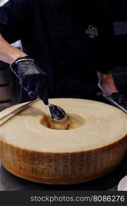 wheel of a large Parmesan cheese used to prepare the pasta sauce