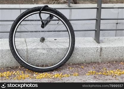 Wheel of stolen bicycle fasten by lock to metal fence