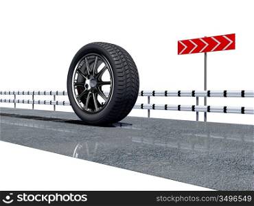 wheel on the asphalt road over the white background