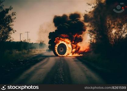 Wheel, tire burning on the track. Neural network AI generated art. Wheel, tire burning on the track. Neural network AI generated