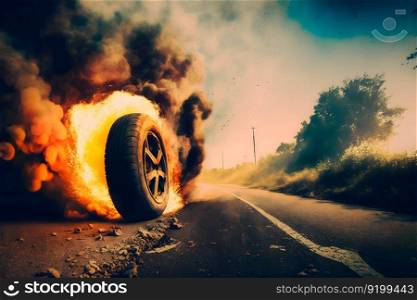 Wheel, tire burning on the track. Neural network AI generated art. Wheel, tire burning on the track. Neural network AI generated