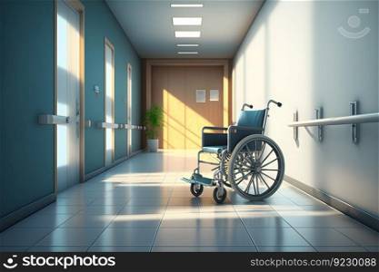 Wheelchair in the hospital corridor. Neural network AI generated art. Wheelchair in the hospital corridor. Neural network AI generated