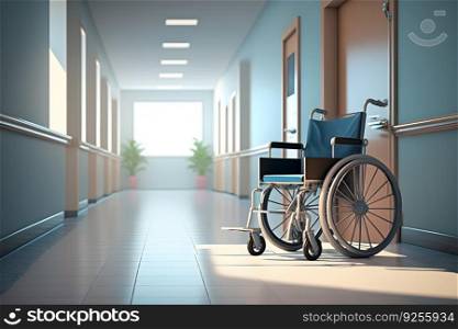 Wheelchair in the hospital corridor. Neural network AI generated art. Wheelchair in the hospital corridor. Neural network AI generated