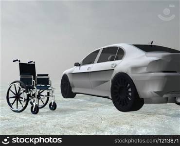 Wheelchair next to a car for symbolizing handicapped person accessibility. Adapted car for handicapped person - 3D render
