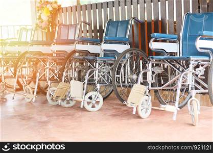 Wheelchairs in the hospital / Wheel chairs waiting for patient services disabled carriage