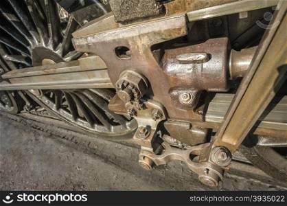 wheels and coupling rods on a vintage steam locomotive