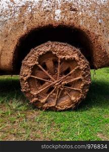 wheels tires and off road truck shaft that goes in the and mud through the wheels in the forest
