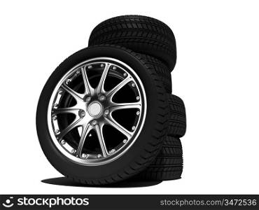 wheels with steel rims over the white background