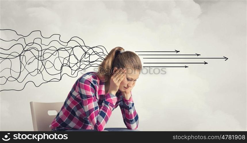 When it is not easy to decide. Pretty young woman making decision with arrows above her head