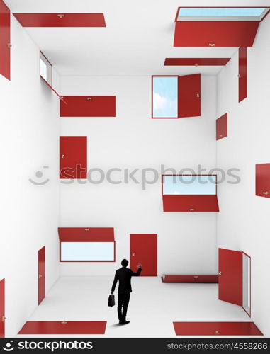 When making difficult decision. Businessman in room choosing one of plenty of doors