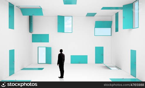 When making difficult decision. Businessman in room choosing one of plenty of doors