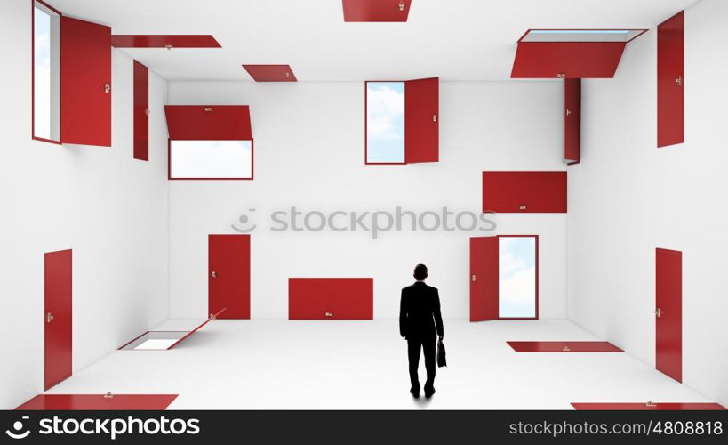 When making difficult decision. Businessman in room choosing one of plenty of doors