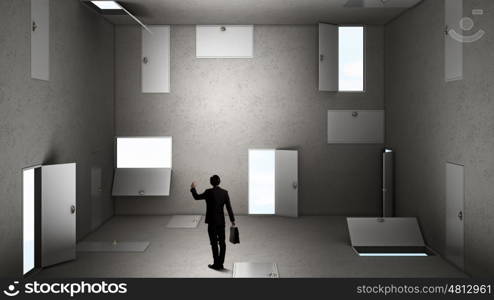 When making difficult decision. Businessman in room choosing one of plenty of doors