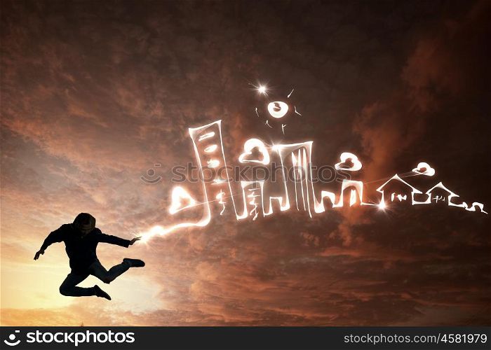 When you are young and free. Young man jumping high in sky representing youth concept